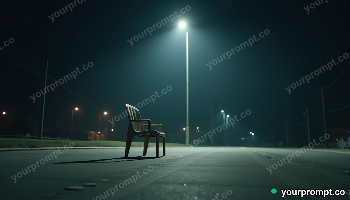Plastic chair tower hovering a few centimeters above the floor under a single streetlight — 5 AI style variations of one prompt