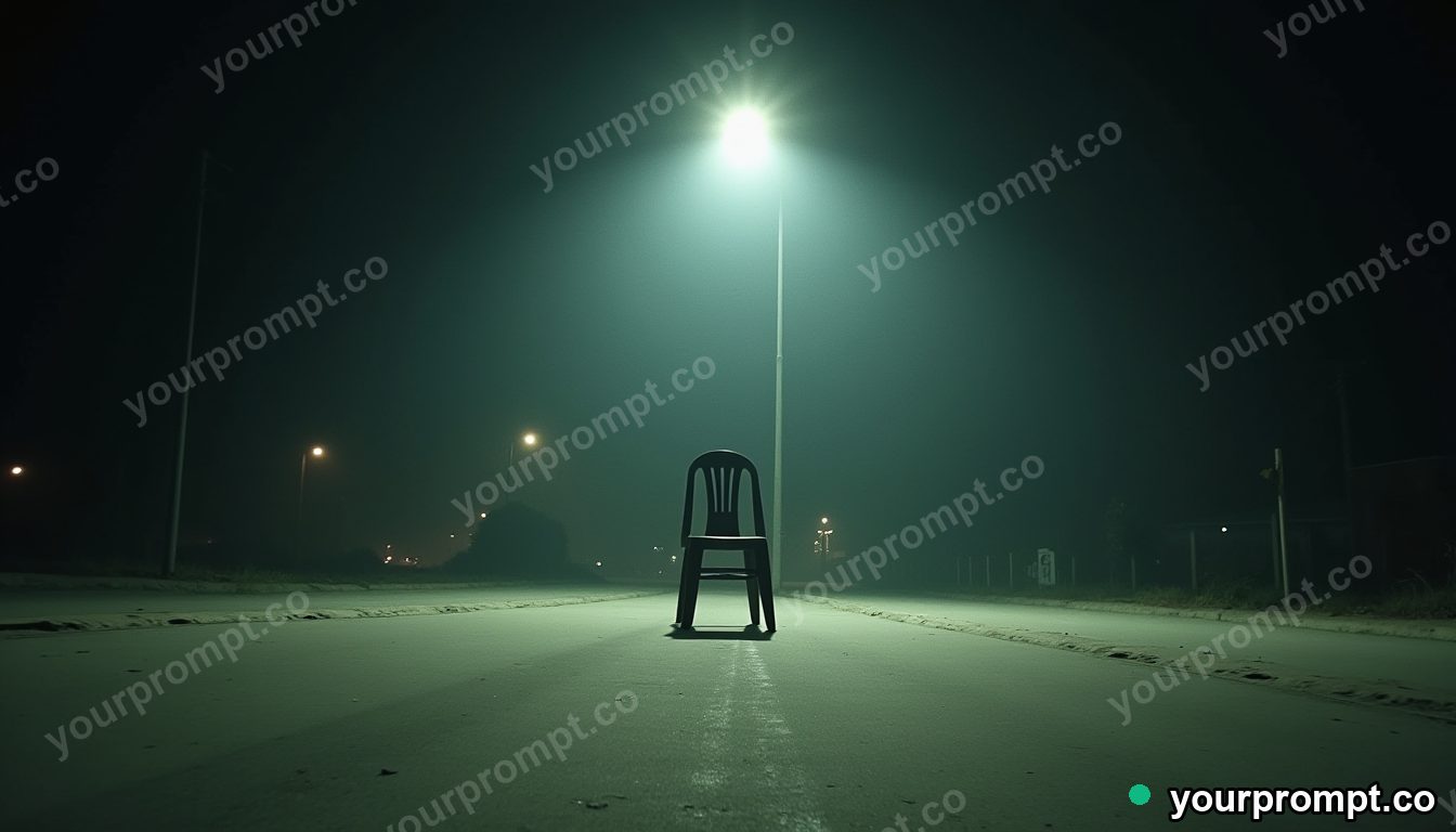 Plastic chair tower hovering a few centimeters above the floor under a single streetlight · analog empty archive — AI-generated image