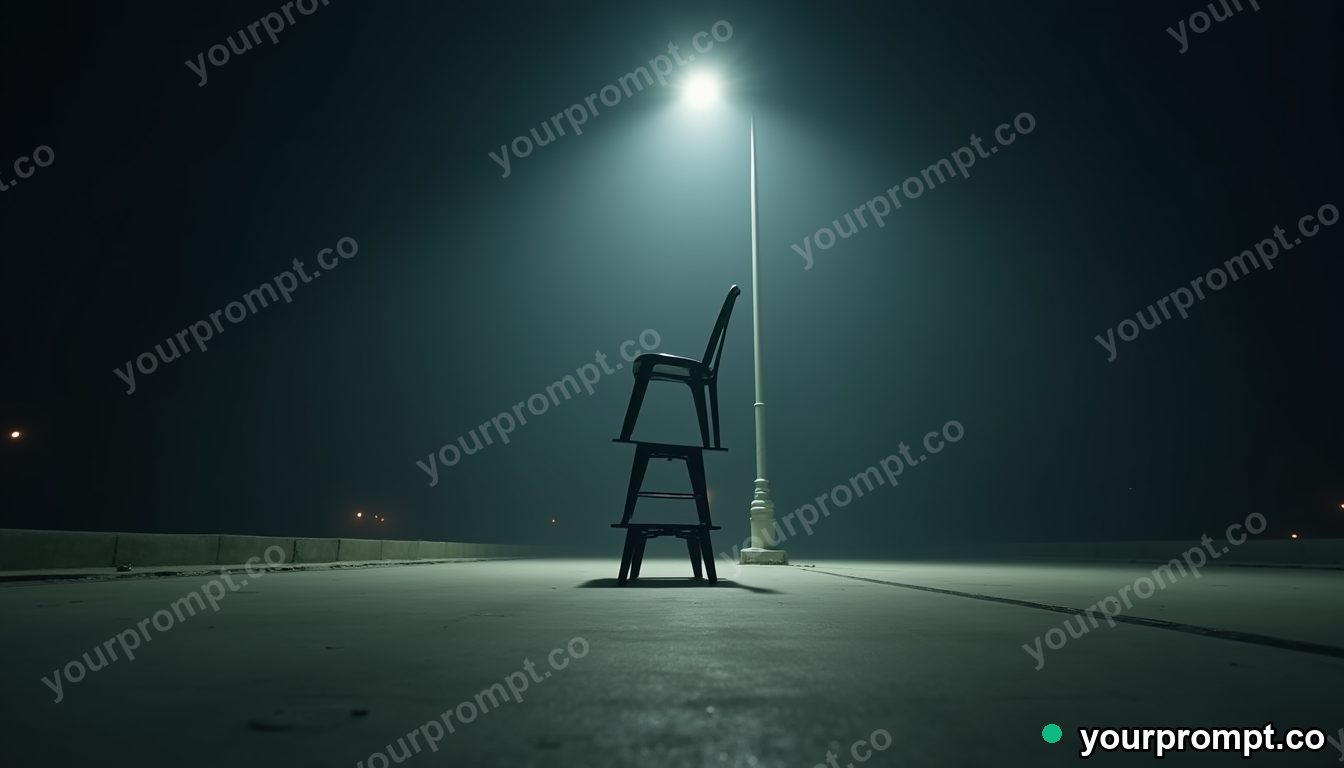 Plastic chair tower hovering a few centimeters above the floor under a single streetlight · impossible physics surreal — AI-generated image