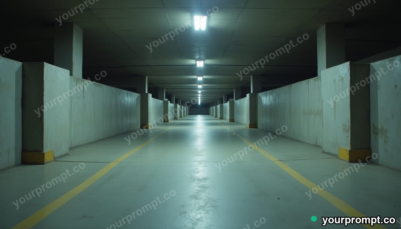 Concrete pillow block stretched into a long impossible perspective inside a deserted parking level — 5 AI style variations of one prompt