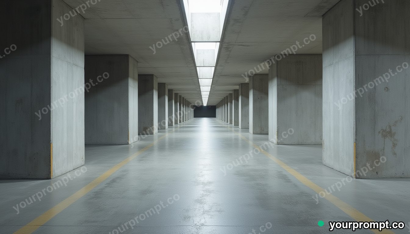 Concrete pillow block stretched into a long impossible perspective inside a deserted parking level · premium material editorial — AI-generated image