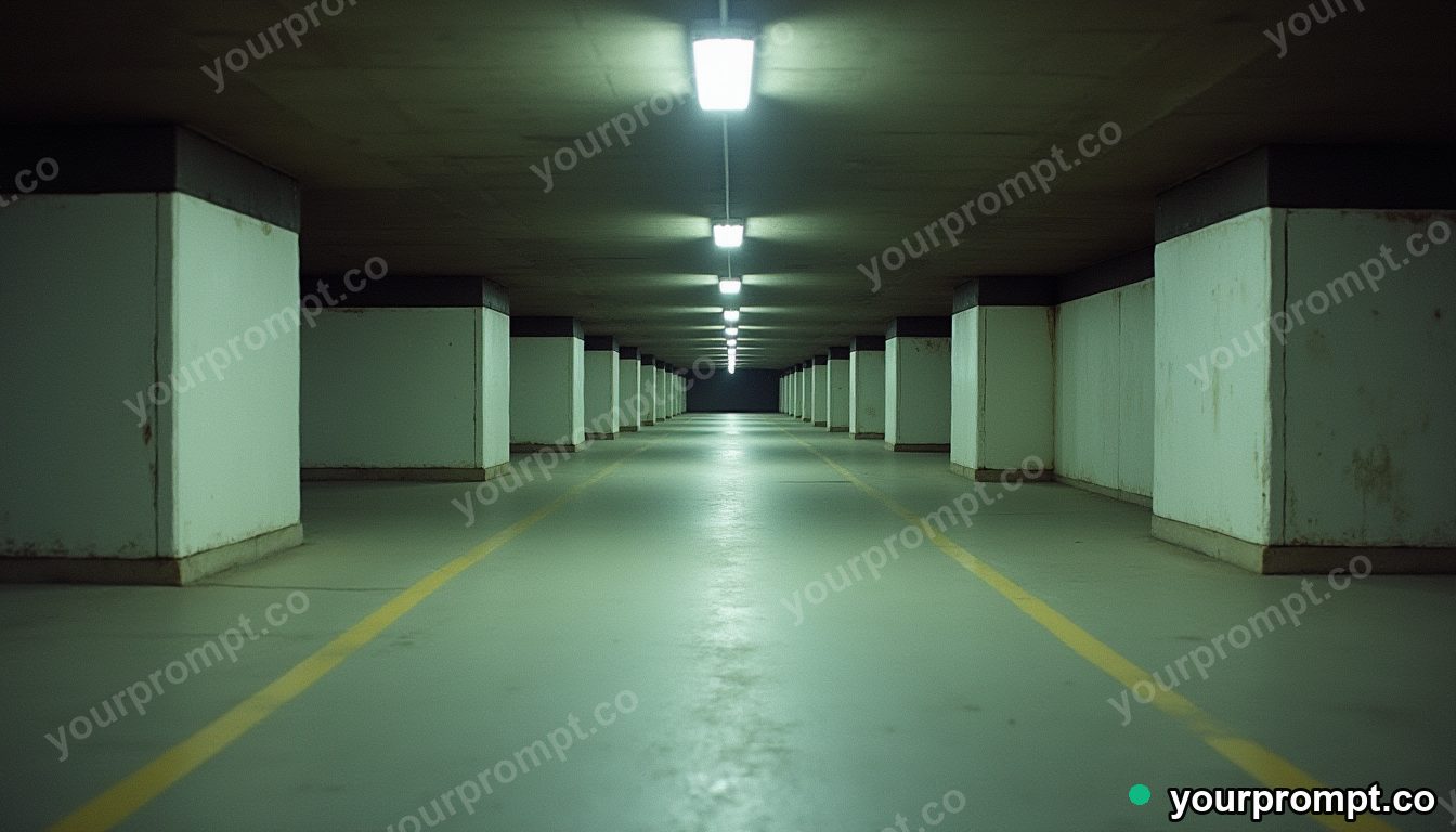 Concrete pillow block stretched into a long impossible perspective inside a deserted parking level · analog empty archive — AI-generated image