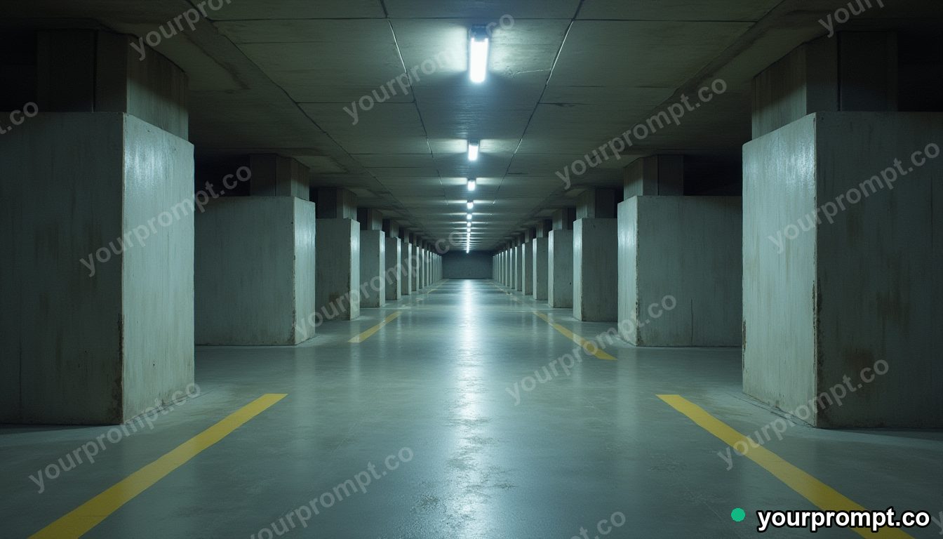 Concrete pillow block stretched into a long impossible perspective inside a deserted parking level · impossible physics surreal — AI-generated image