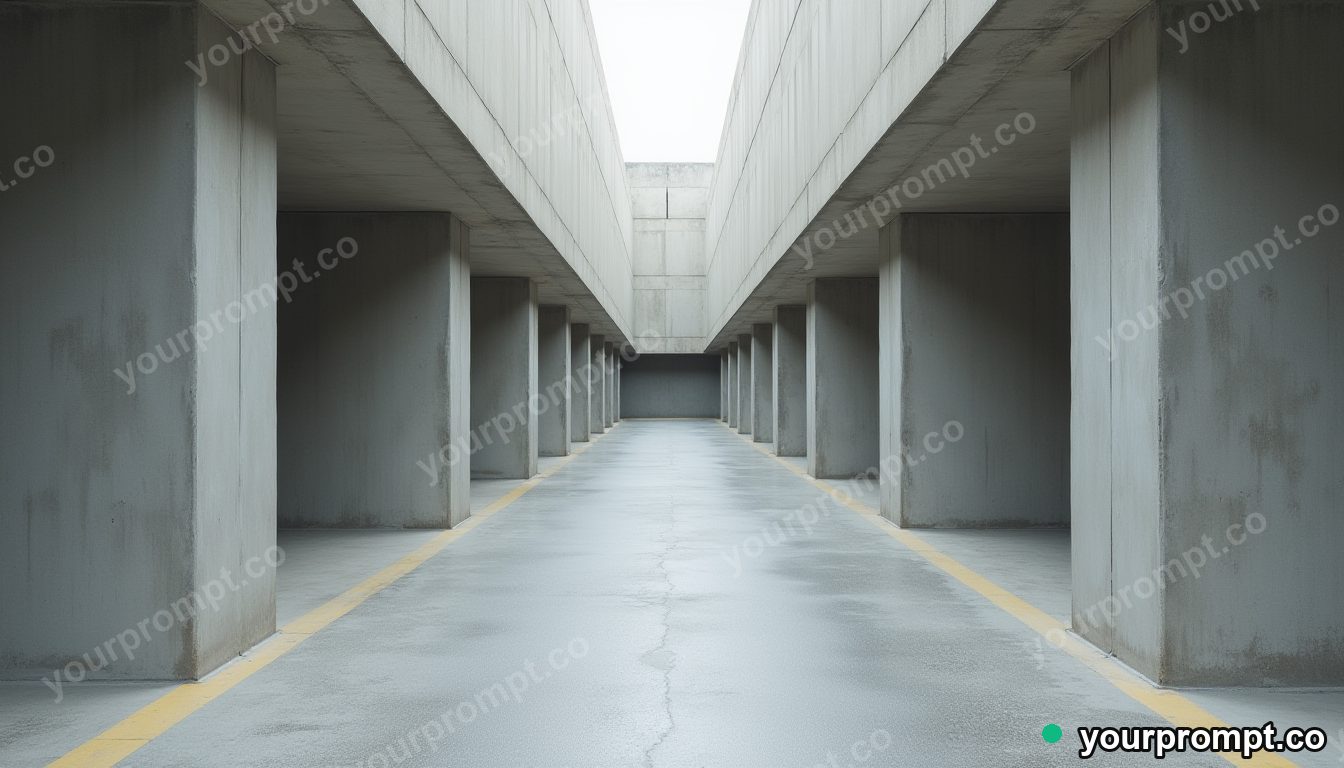 Concrete pillow block stretched into a long impossible perspective inside a deserted parking level · minimal graphic geometry — AI-generated image