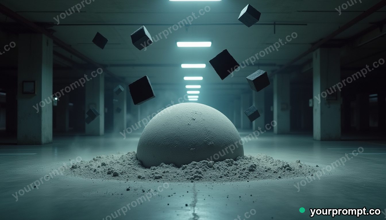 Chalk dust dome surrounded by floating black squares inside a deserted parking level — 5 AI style variations of one prompt