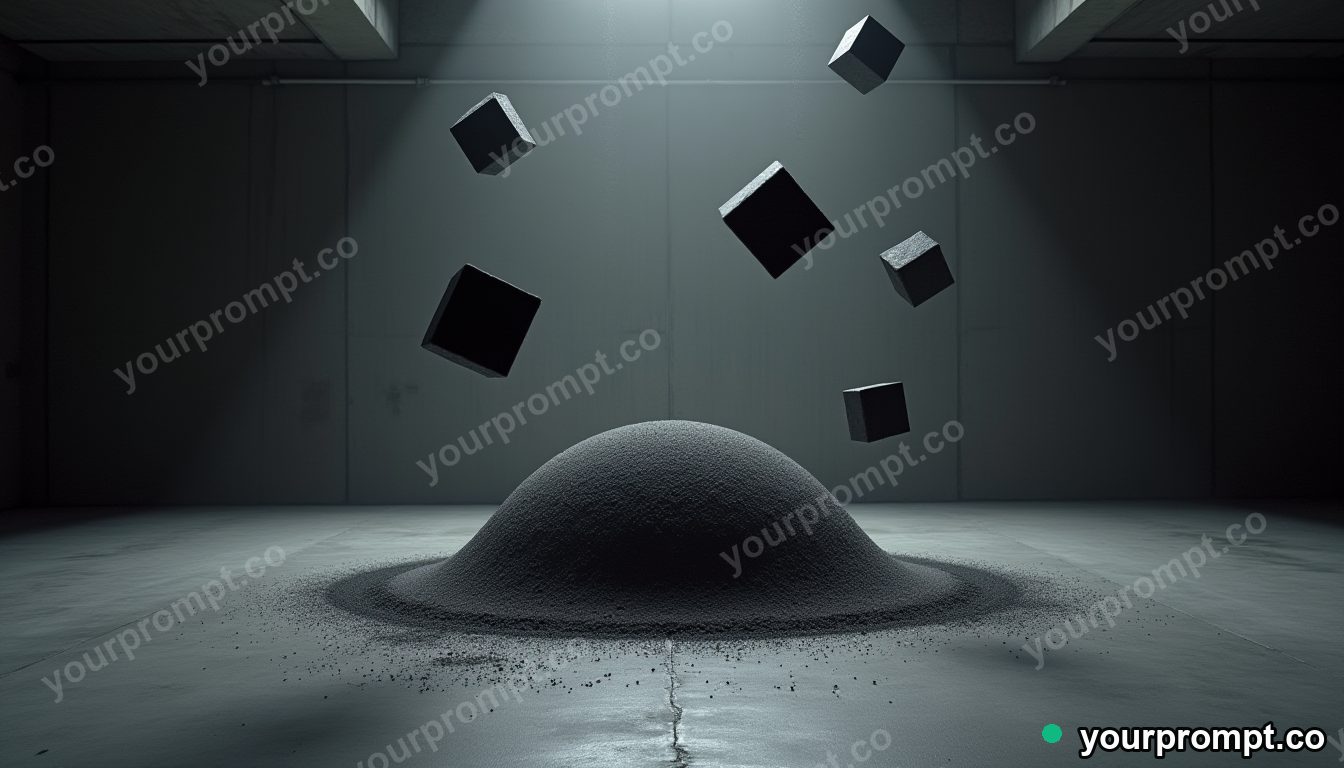 Chalk dust dome surrounded by floating black squares inside a deserted parking level · premium material editorial — AI-generated image