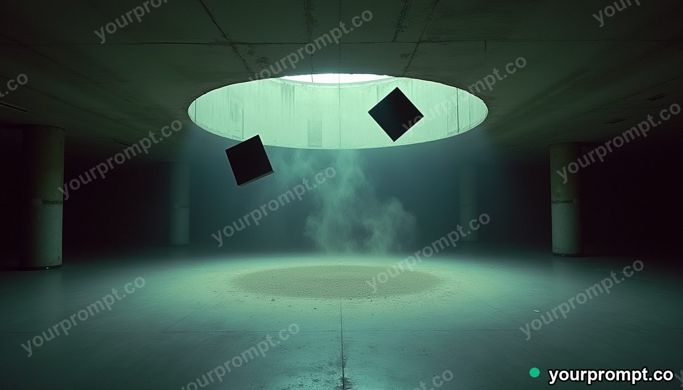 Chalk dust dome surrounded by floating black squares inside a deserted parking level · analog empty archive — AI-generated image