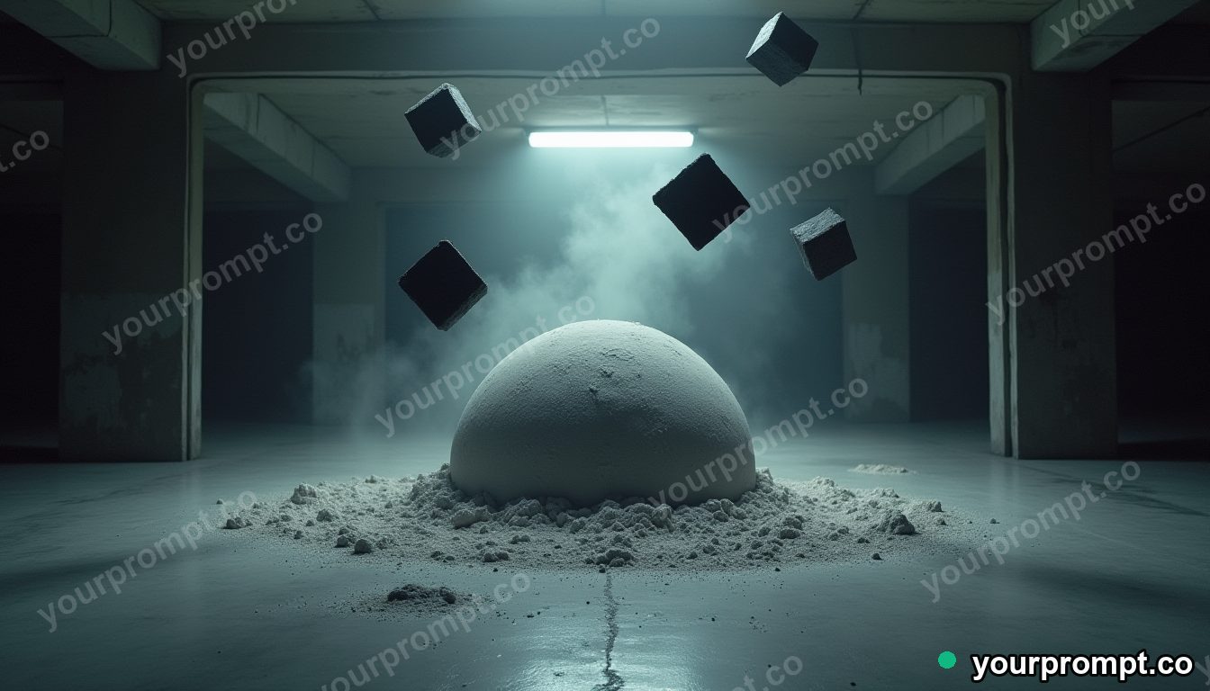 Chalk dust dome surrounded by floating black squares inside a deserted parking level · impossible physics surreal — AI-generated image
