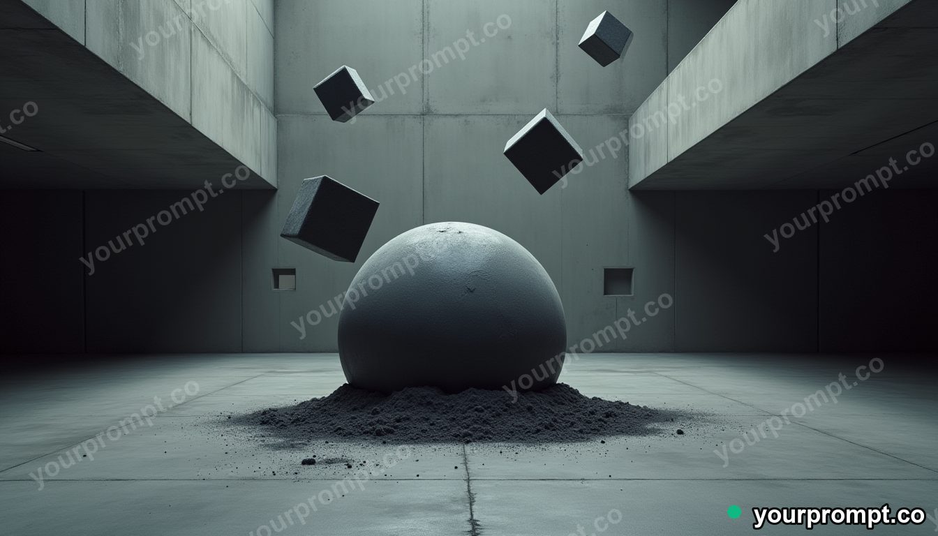 Chalk dust dome surrounded by floating black squares inside a deserted parking level · minimal graphic geometry — AI-generated image