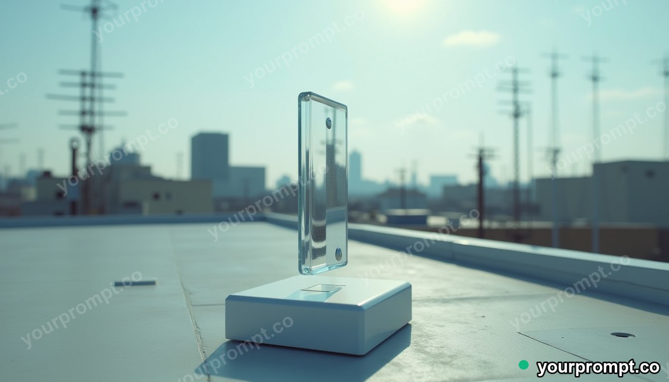 Crystal switch panel balanced on a single invisible point on a rooftop surrounded by antennas — 5 AI style variations of one prompt