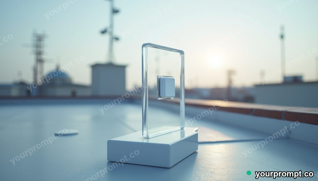 Crystal switch panel balanced on a single invisible point on a rooftop surrounded by antennas · premium material editorial — AI-generated image