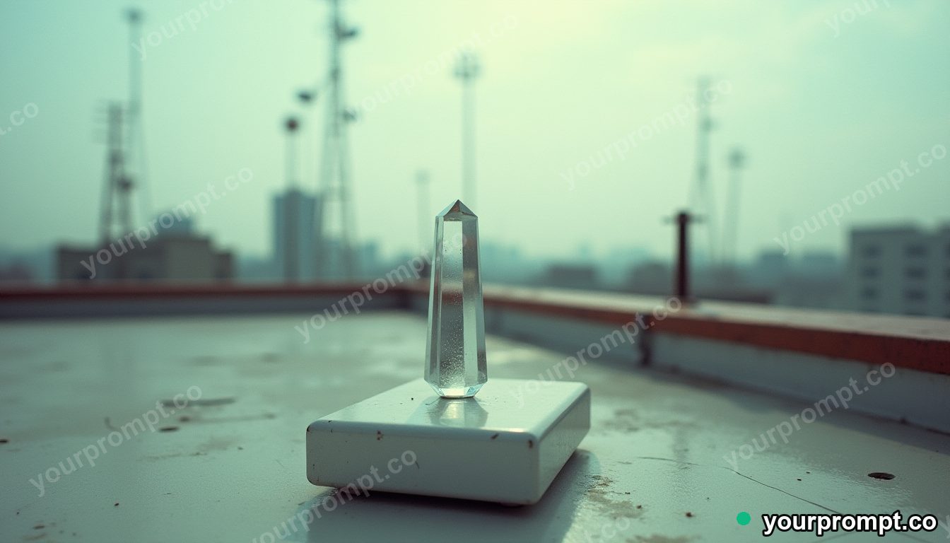 Crystal switch panel balanced on a single invisible point on a rooftop surrounded by antennas · analog empty archive — AI-generated image