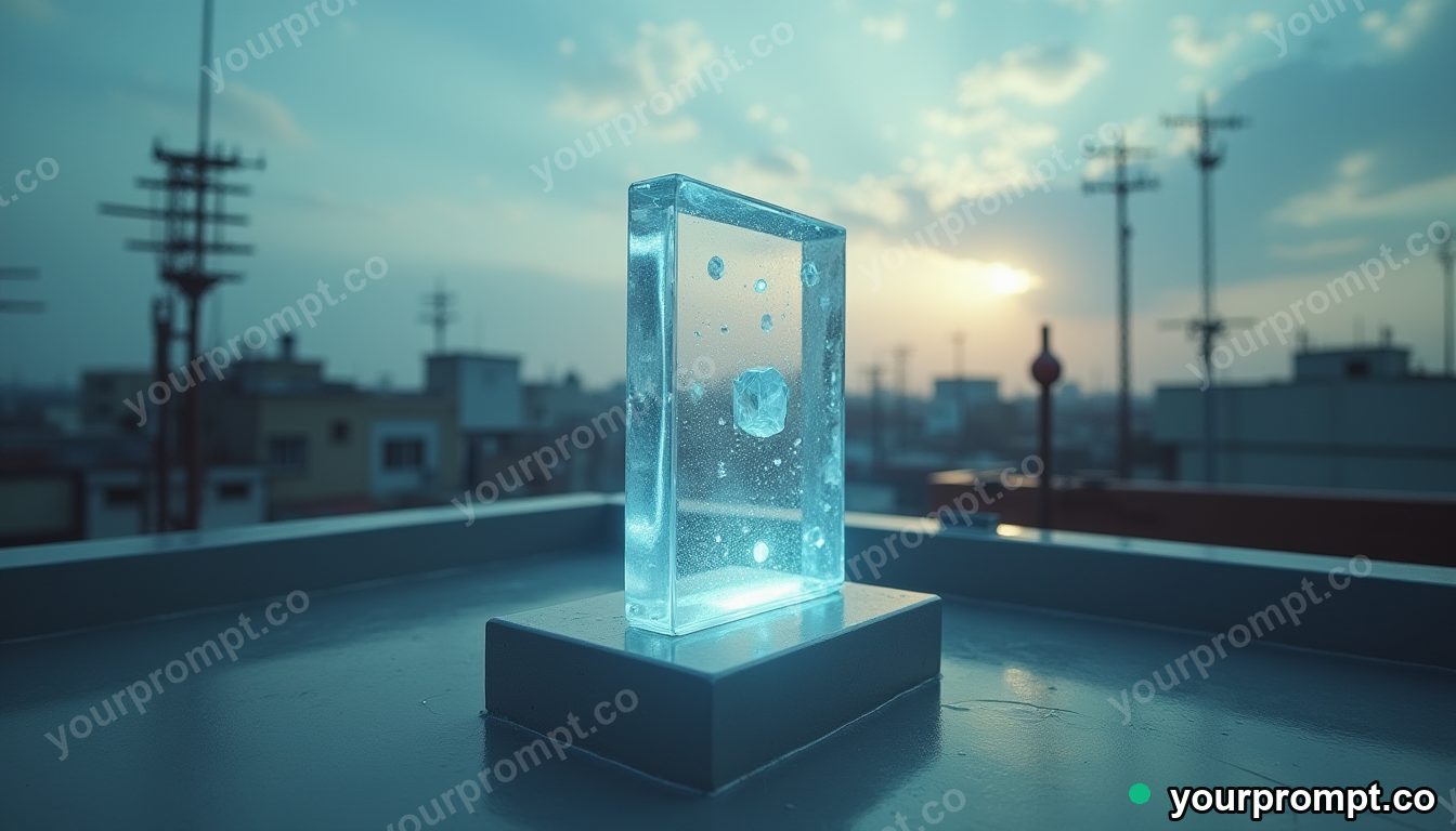 Crystal switch panel balanced on a single invisible point on a rooftop surrounded by antennas · impossible physics surreal — AI-generated image