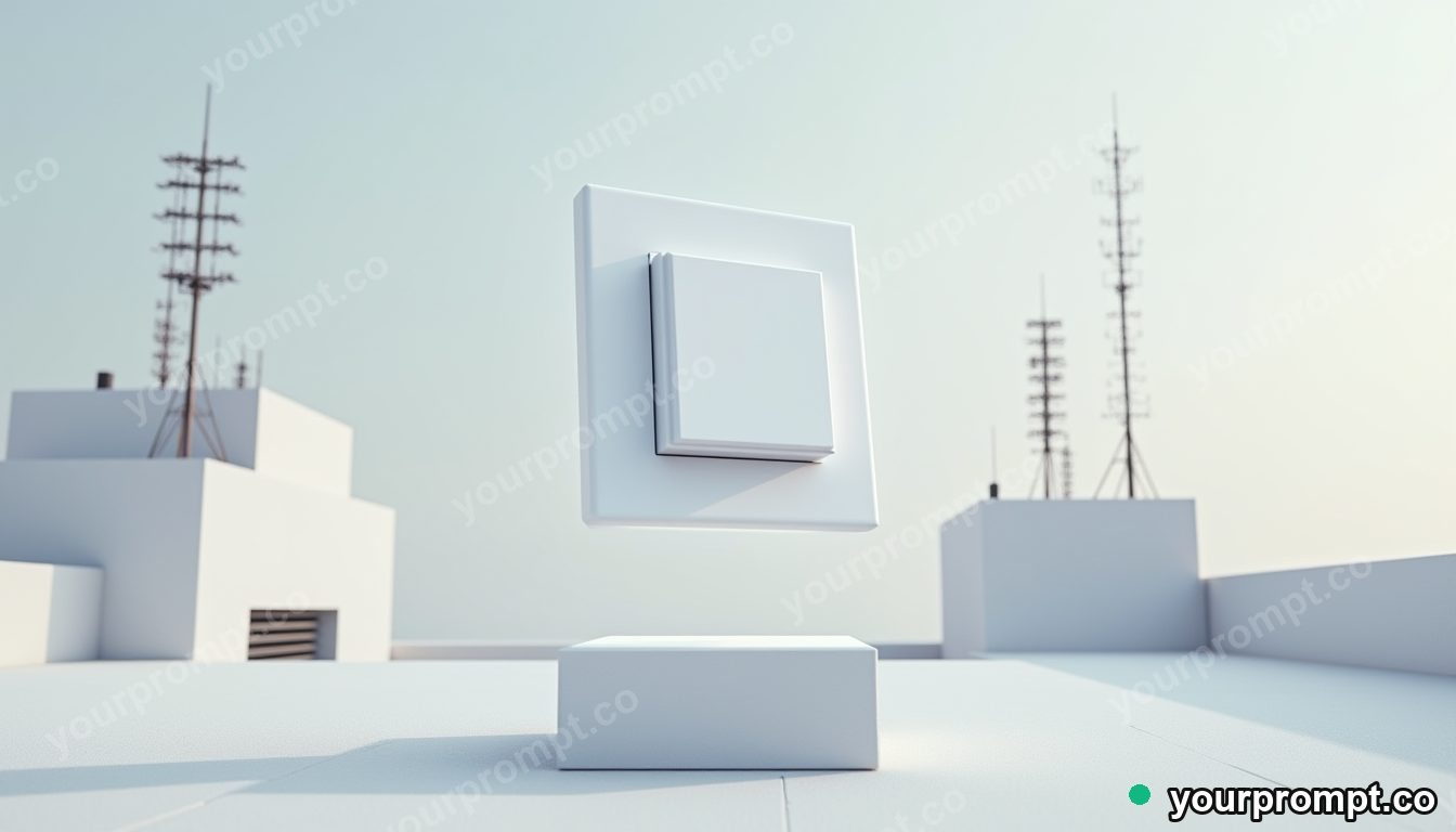 Crystal switch panel balanced on a single invisible point on a rooftop surrounded by antennas · minimal graphic geometry — AI-generated image