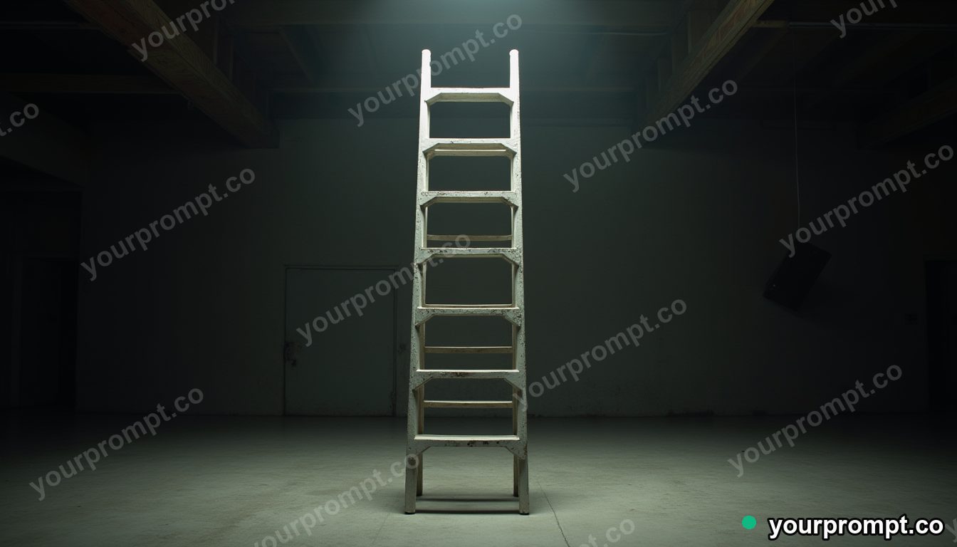White ladder divided into exact modular pieces in a black-box studio · analog empty archive — AI-generated image
