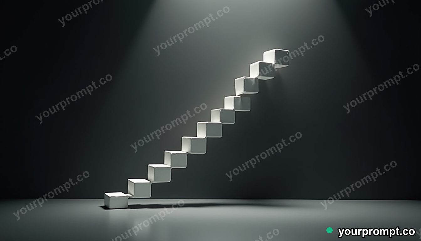 White ladder divided into exact modular pieces in a black-box studio · impossible physics surreal — AI-generated image