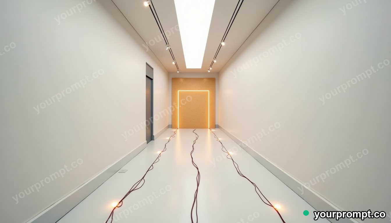 Cork hallway panel connected to nothing by glowing cables in a white gallery room — 5 AI style variations of one prompt