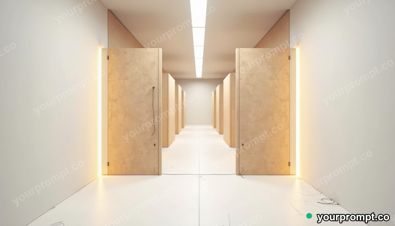 Cork hallway panel connected to nothing by glowing cables in a white gallery room · premium material editorial — AI-generated image