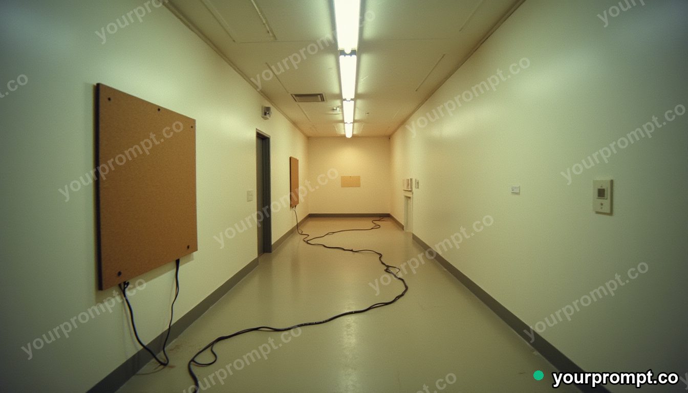 Cork hallway panel connected to nothing by glowing cables in a white gallery room · analog empty archive — AI-generated image