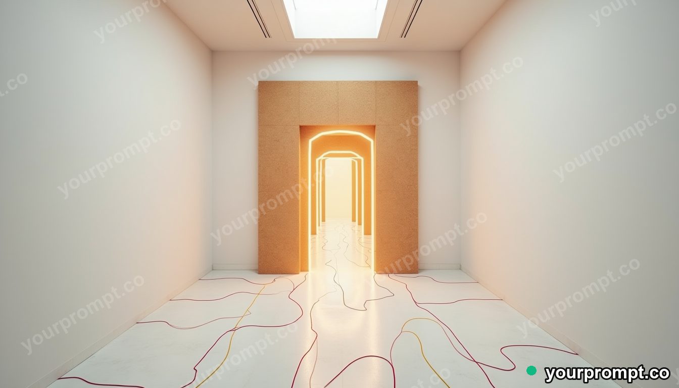 Cork hallway panel connected to nothing by glowing cables in a white gallery room · impossible physics surreal — AI-generated image
