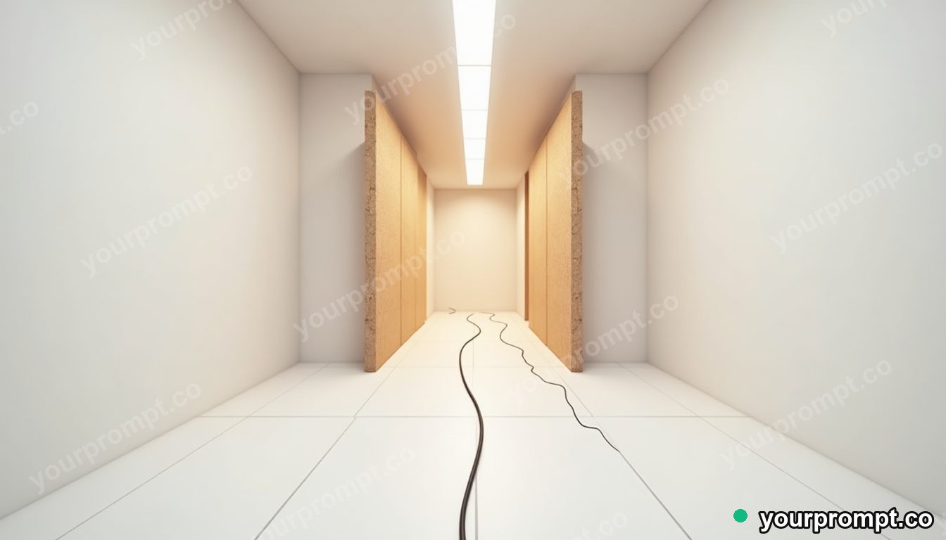 Cork hallway panel connected to nothing by glowing cables in a white gallery room · minimal graphic geometry — AI-generated image