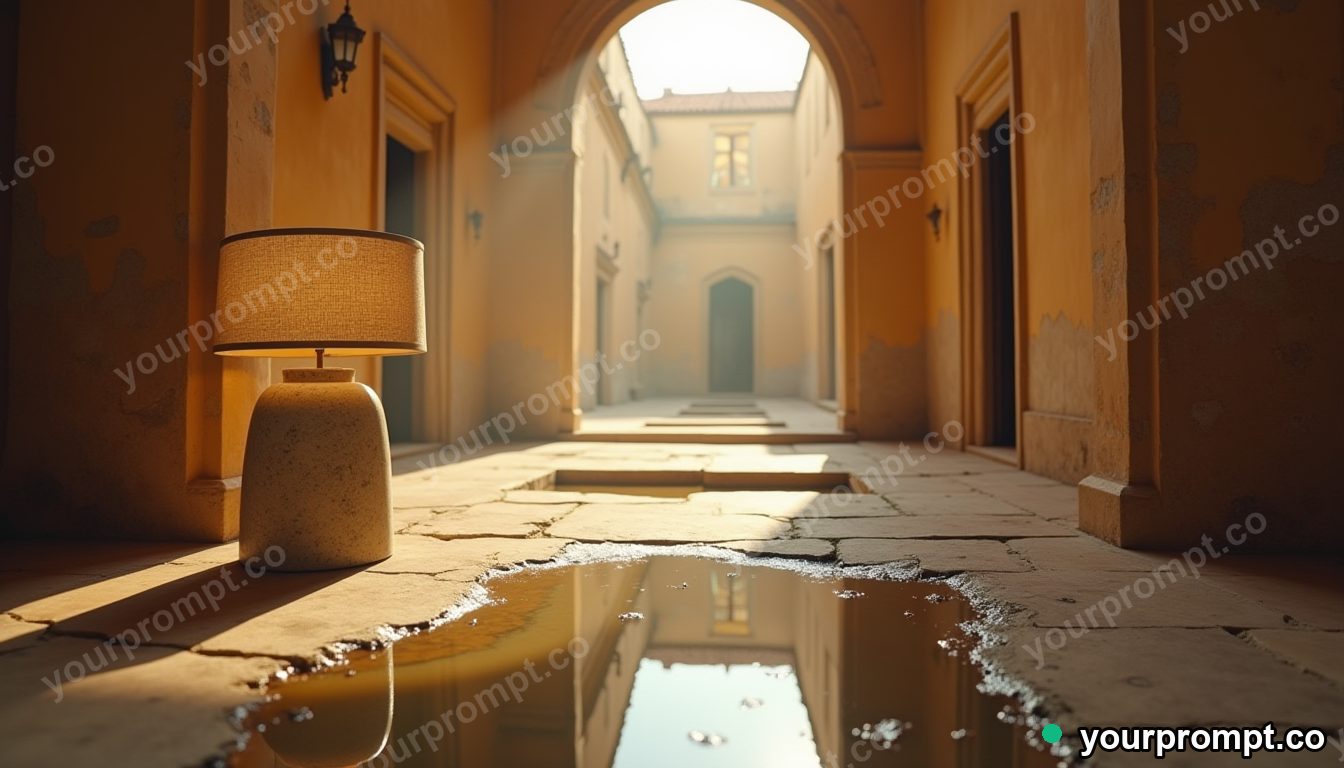 Granite lampshade reflected in a puddle that shows another room in a sun-bleached courtyard — 5 AI style variations of one prompt