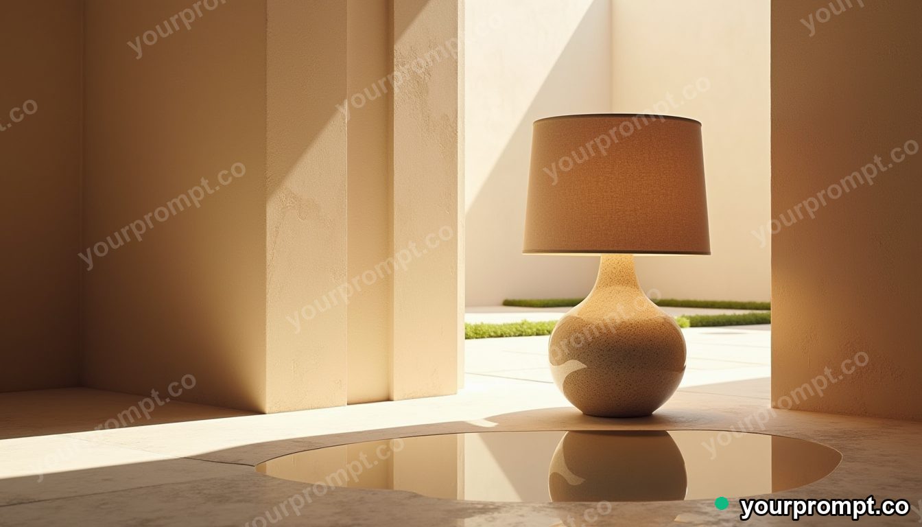 Granite lampshade reflected in a puddle that shows another room in a sun-bleached courtyard · premium material editorial — AI-generated image