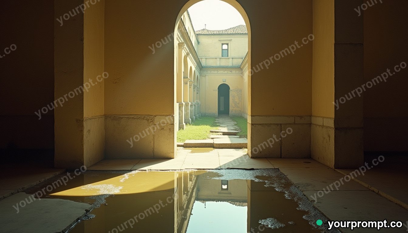 Granite lampshade reflected in a puddle that shows another room in a sun-bleached courtyard · analog empty archive — AI-generated image
