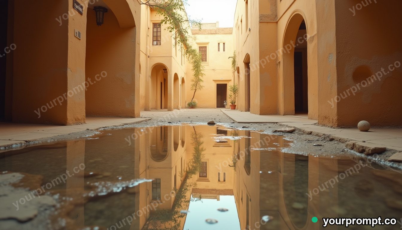 Granite lampshade reflected in a puddle that shows another room in a sun-bleached courtyard · impossible physics surreal — AI-generated image