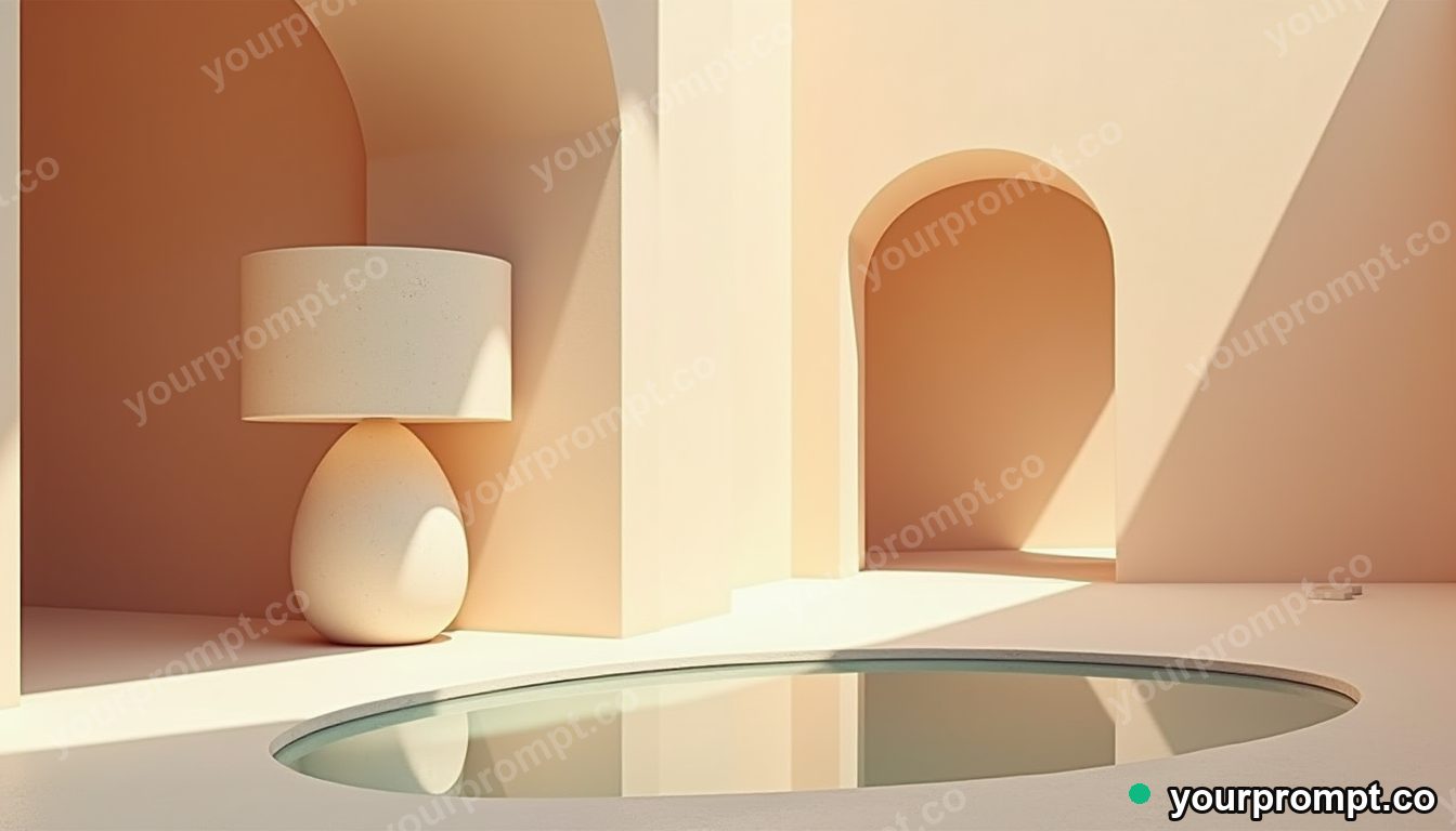 Granite lampshade reflected in a puddle that shows another room in a sun-bleached courtyard · minimal graphic geometry — AI-generated image