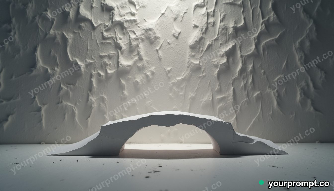 Paper bridge pressed into a wall like a shallow relief in a black-box studio — 5 AI style variations of one prompt