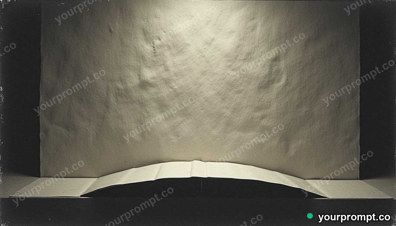 Paper bridge pressed into a wall like a shallow relief in a black-box studio · analog empty archive — AI-generated image