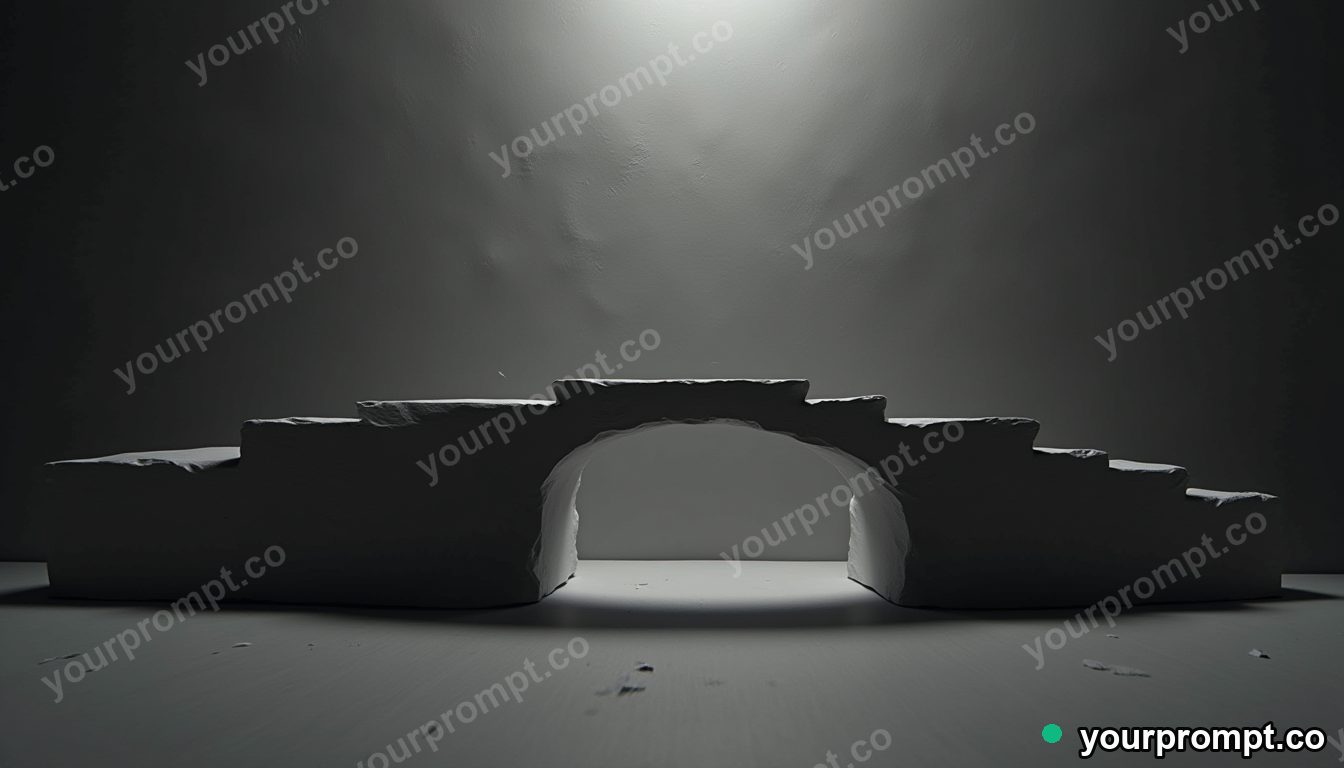 Paper bridge pressed into a wall like a shallow relief in a black-box studio · impossible physics surreal — AI-generated image