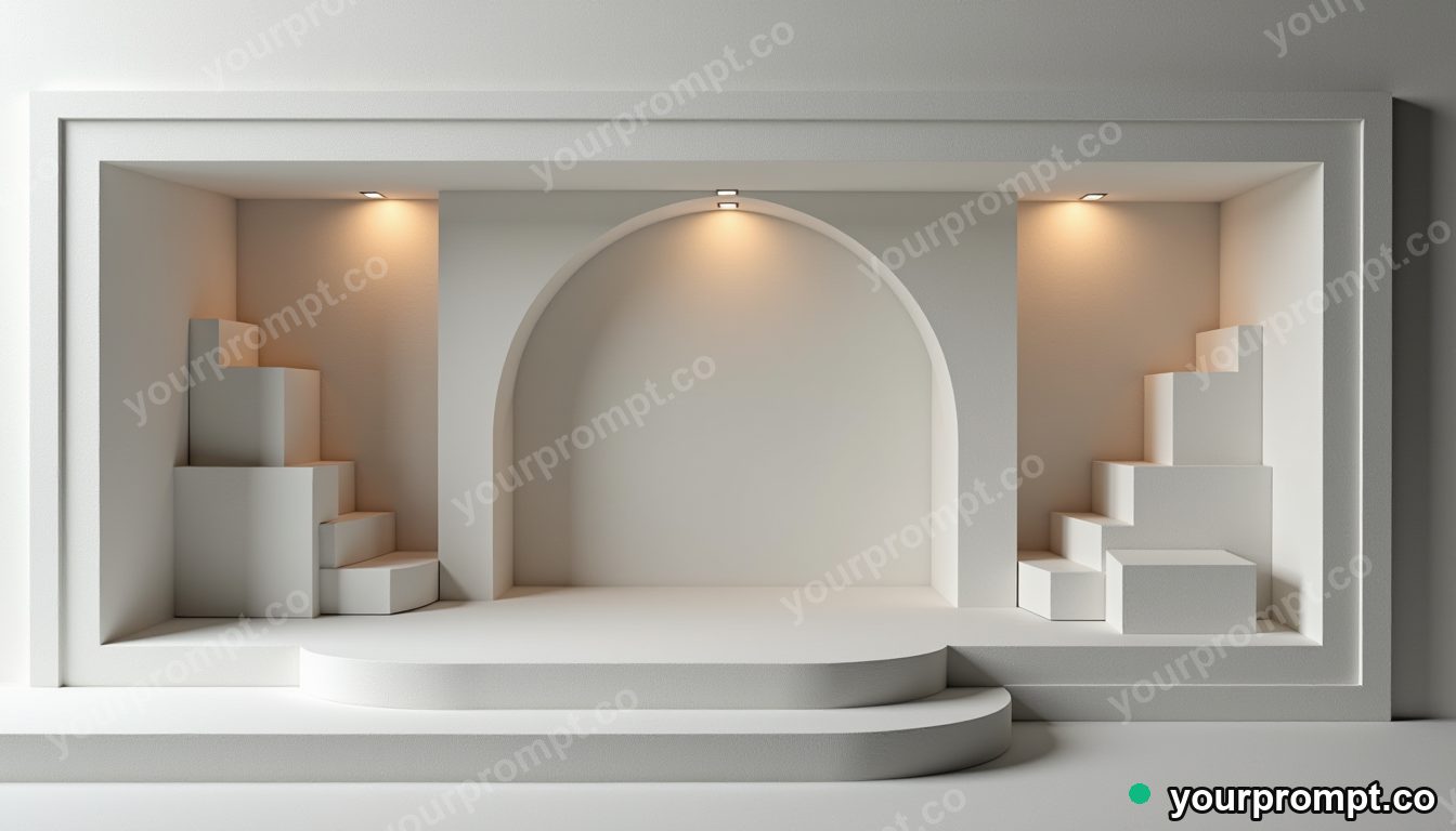 Paper bridge pressed into a wall like a shallow relief in a black-box studio · minimal graphic geometry — AI-generated image
