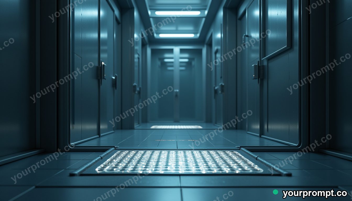 Titanium doormat glowing from seams and hinges inside a glass test chamber — 5 AI style variations of one prompt