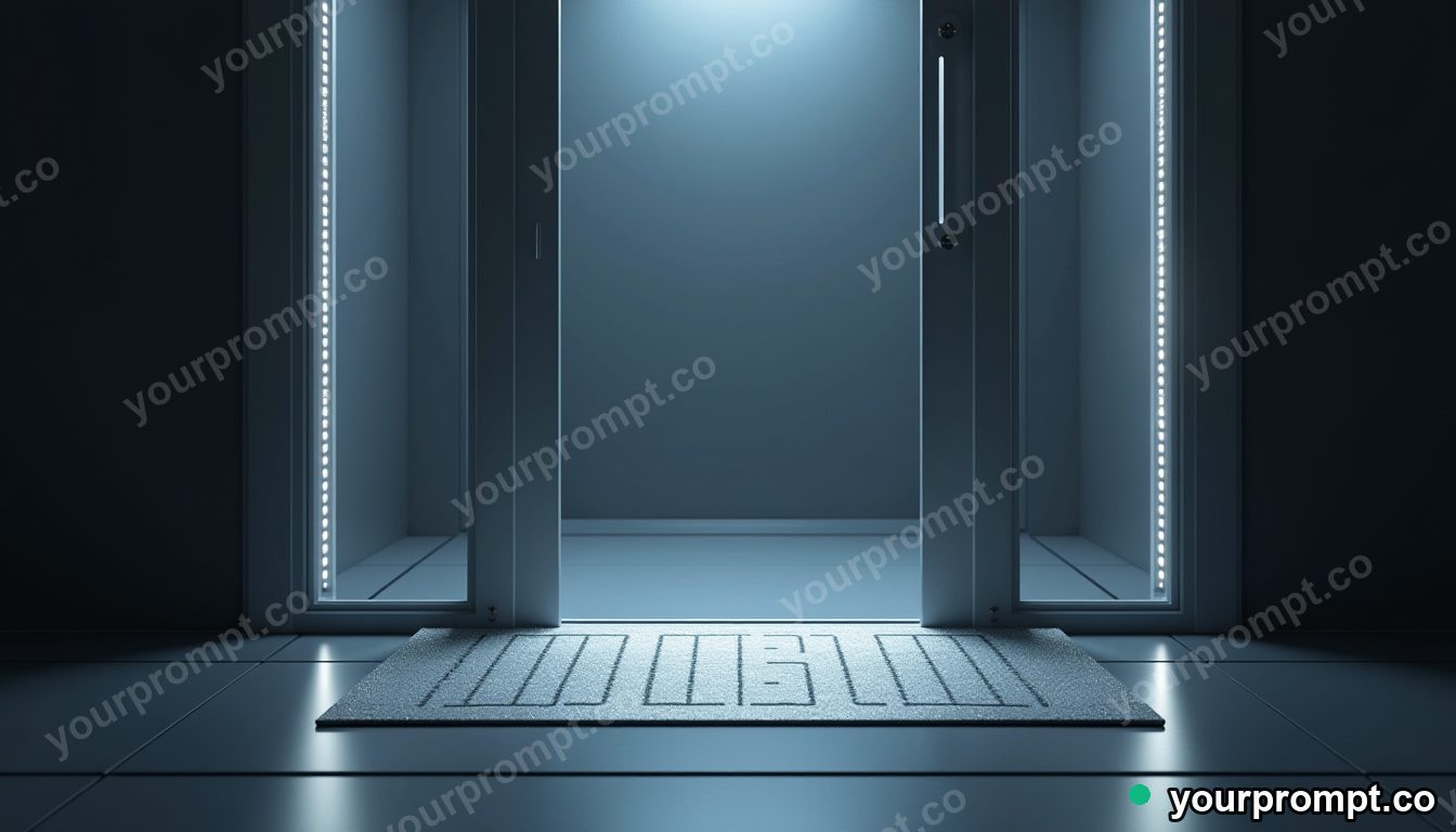 Titanium doormat glowing from seams and hinges inside a glass test chamber · premium material editorial — AI-generated image