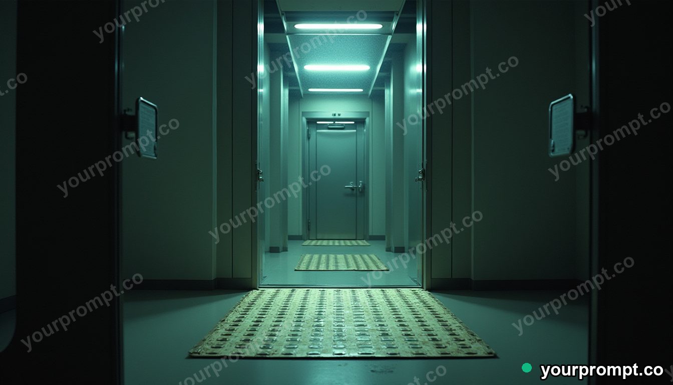 Titanium doormat glowing from seams and hinges inside a glass test chamber · analog empty archive — AI-generated image
