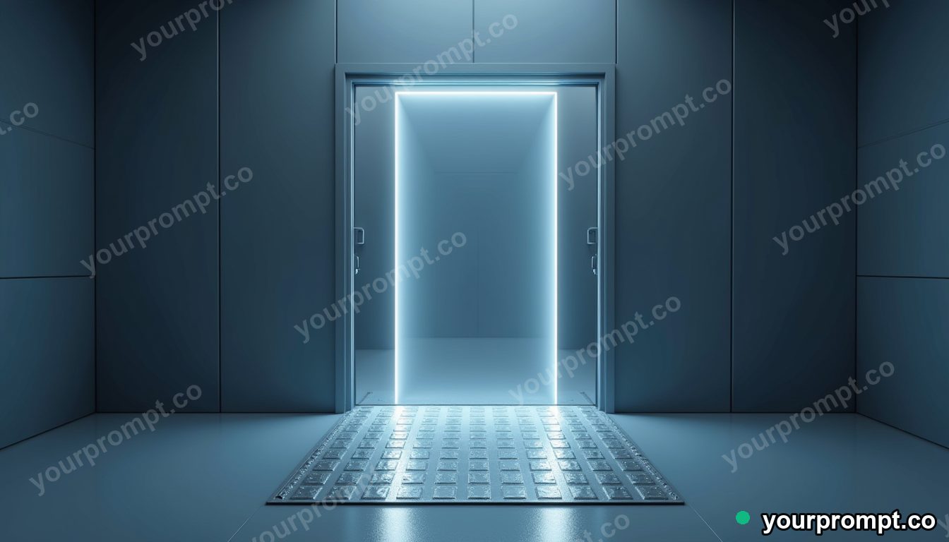 Titanium doormat glowing from seams and hinges inside a glass test chamber · minimal graphic geometry — AI-generated image