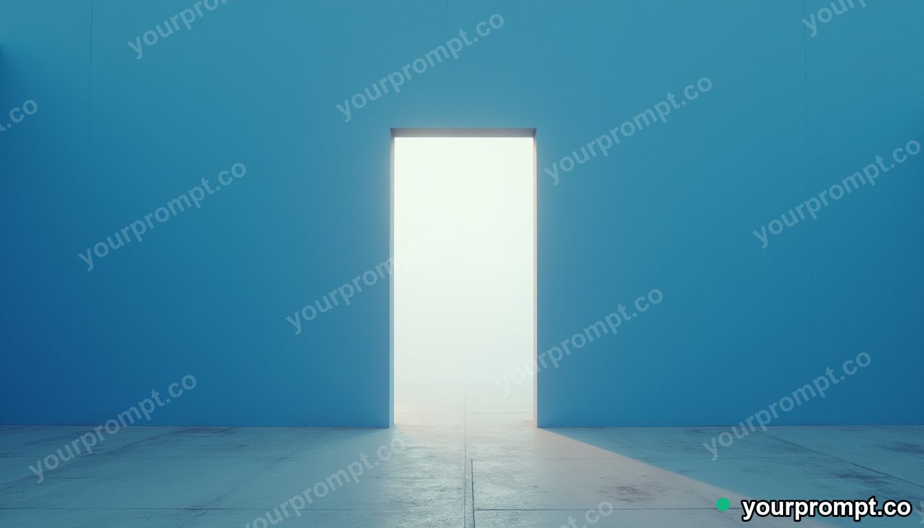 Blue doorframe filled with pale fog from within on a dry concrete plaza — 5 AI style variations of one prompt