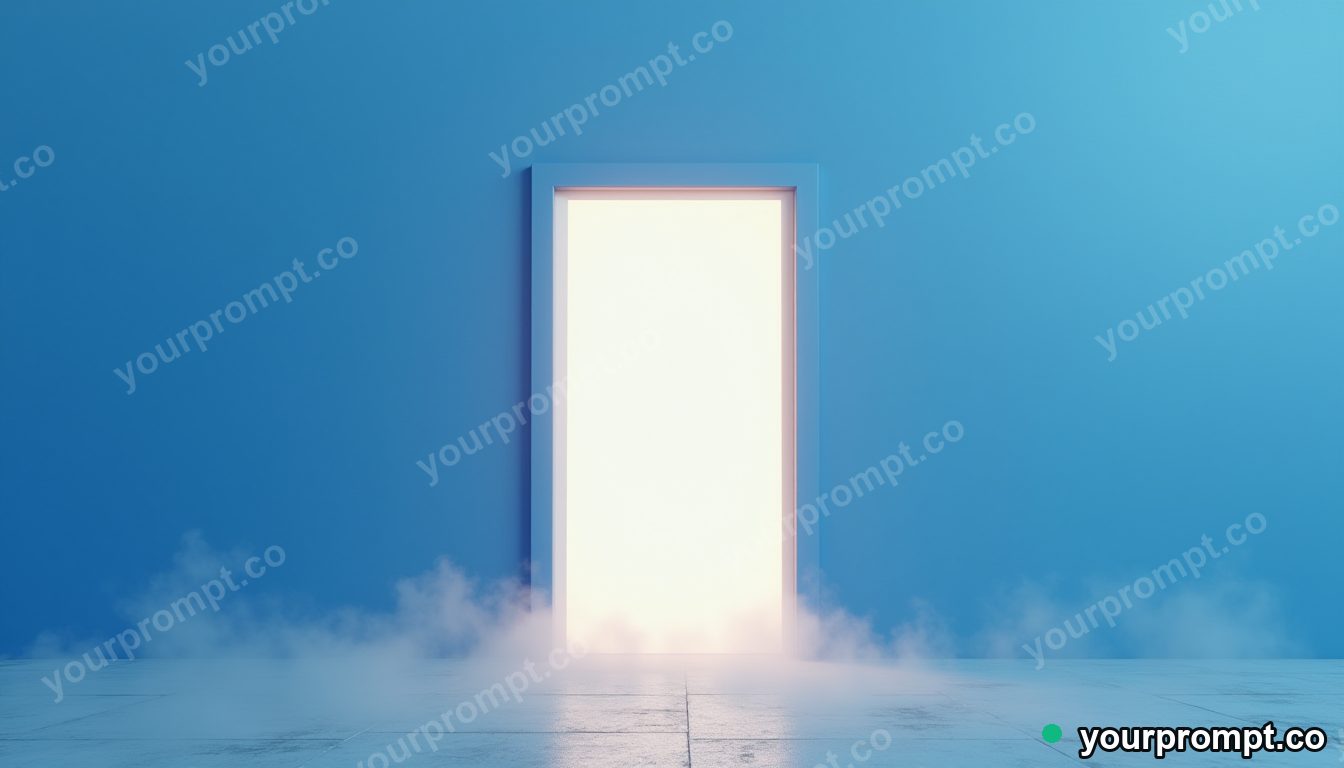 Blue doorframe filled with pale fog from within on a dry concrete plaza · premium material editorial — AI-generated image