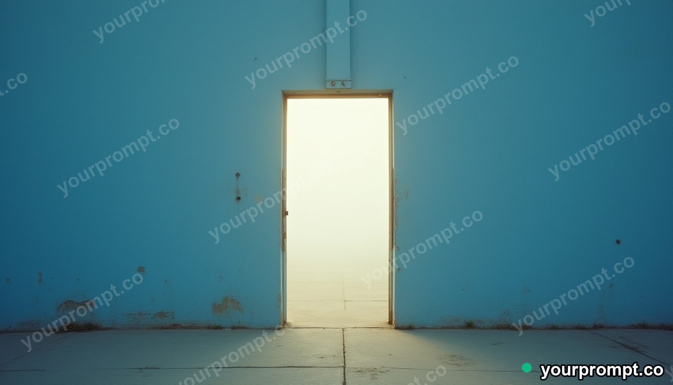 Blue doorframe filled with pale fog from within on a dry concrete plaza · analog empty archive — AI-generated image