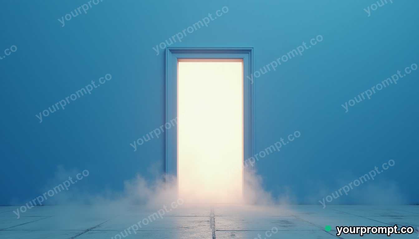 Blue doorframe filled with pale fog from within on a dry concrete plaza · impossible physics surreal — AI-generated image