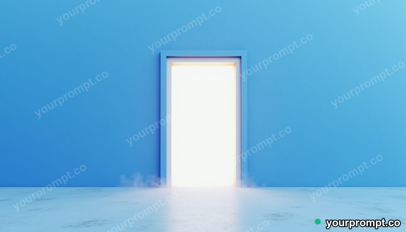 Blue doorframe filled with pale fog from within on a dry concrete plaza · minimal graphic geometry — AI-generated image