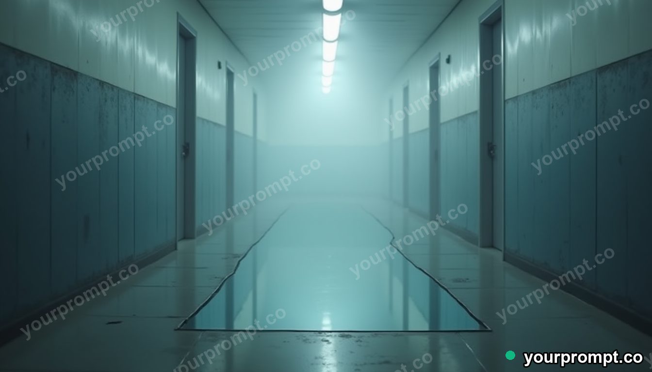 Frosted mirror partly sinking into a perfectly flat floor in a foggy utility corridor — 5 AI style variations of one prompt