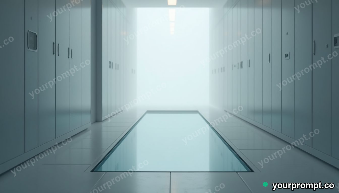Frosted mirror partly sinking into a perfectly flat floor in a foggy utility corridor · premium material editorial — AI-generated image