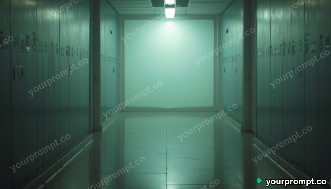 Frosted mirror partly sinking into a perfectly flat floor in a foggy utility corridor · analog empty archive — AI-generated image