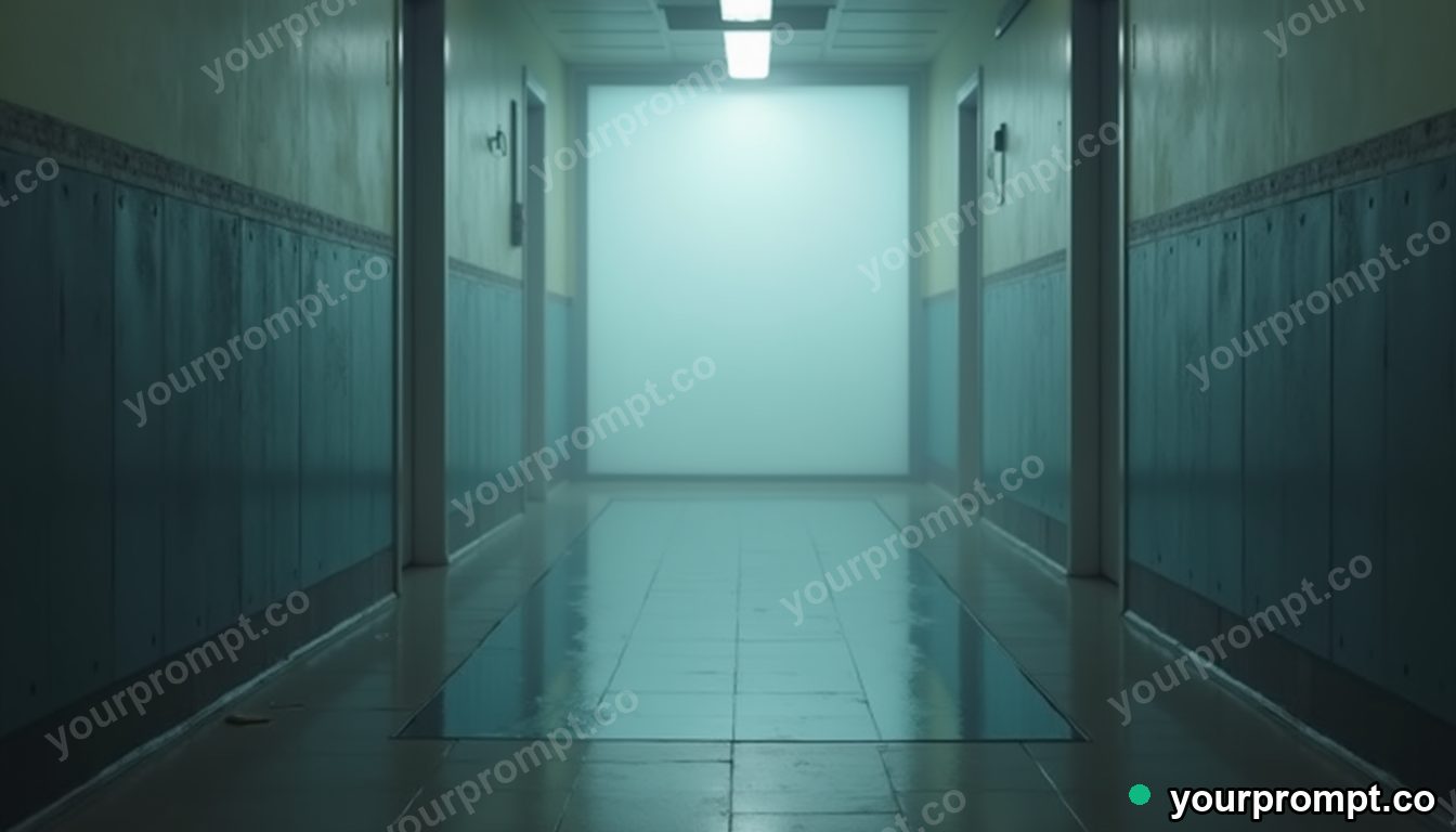 Frosted mirror partly sinking into a perfectly flat floor in a foggy utility corridor · impossible physics surreal — AI-generated image
