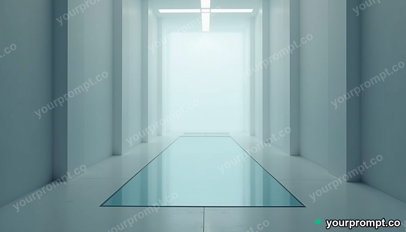 Frosted mirror partly sinking into a perfectly flat floor in a foggy utility corridor · minimal graphic geometry — AI-generated image