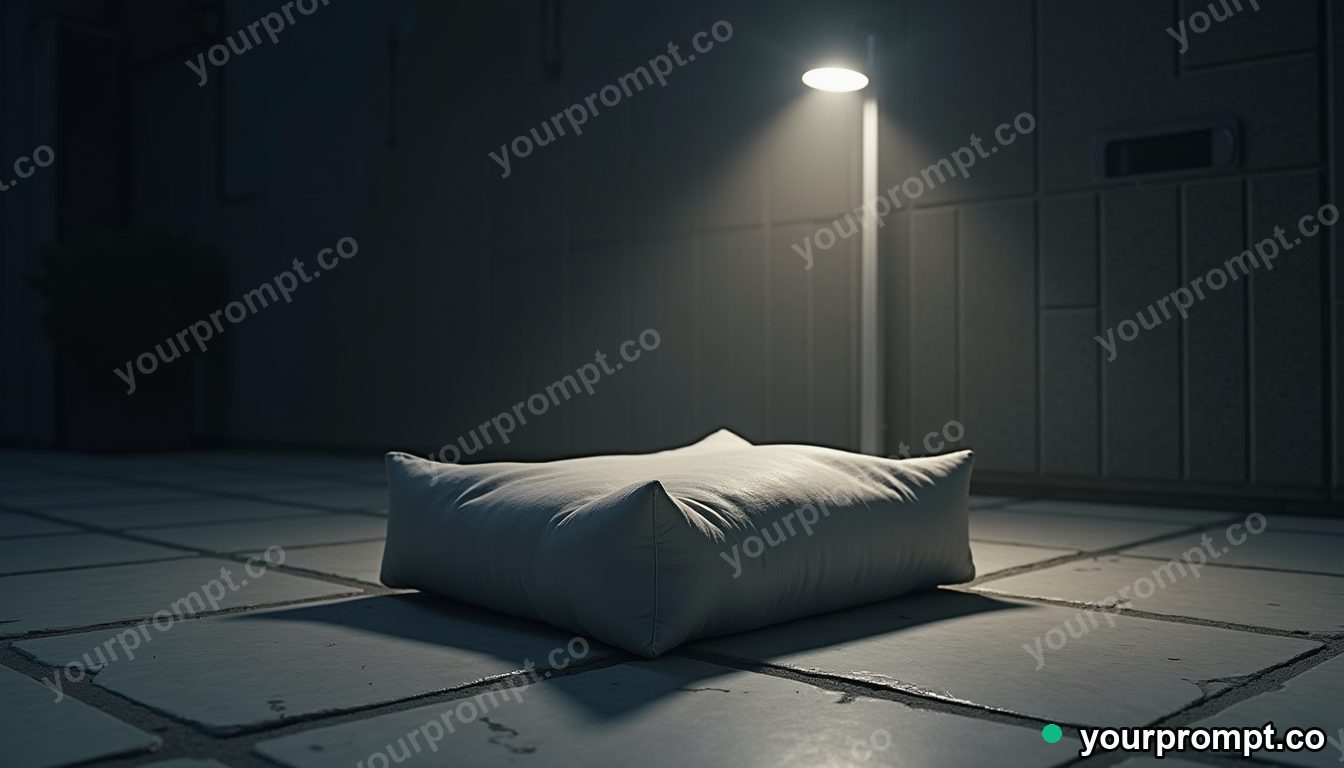 Concrete pillow block melting into geometric tiles under a single streetlight — 5 AI style variations of one prompt