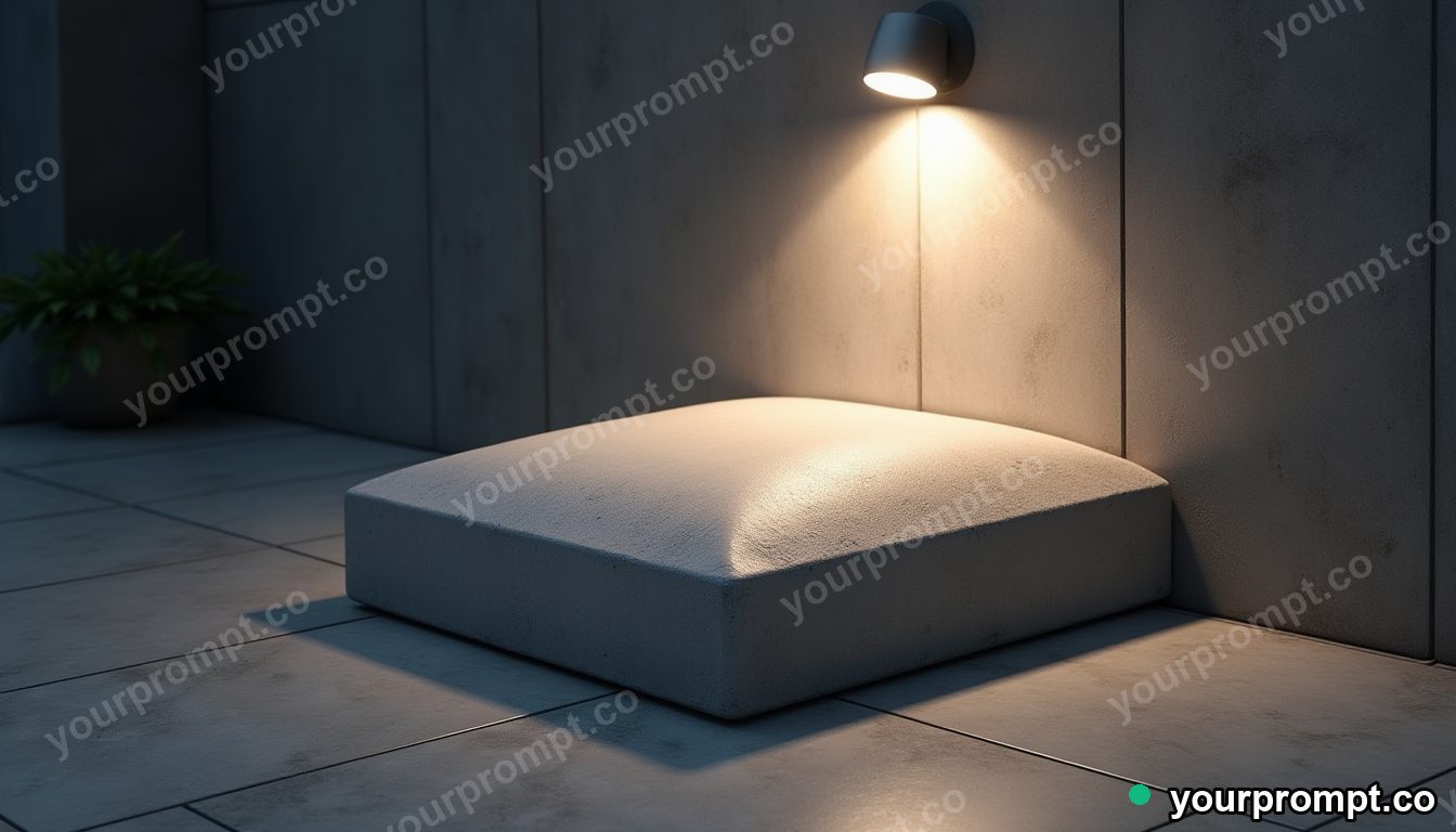Concrete pillow block melting into geometric tiles under a single streetlight · premium material editorial — AI-generated image